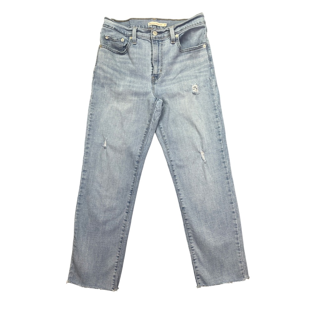 Levi's 724 High Rise Straight Crop Distressed Denim Jeans Sz 29 Fits 27"